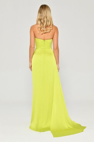 Kayık Yaka Yırtmaçlı Saten Elbise ELMA YEŞİLİ - 40