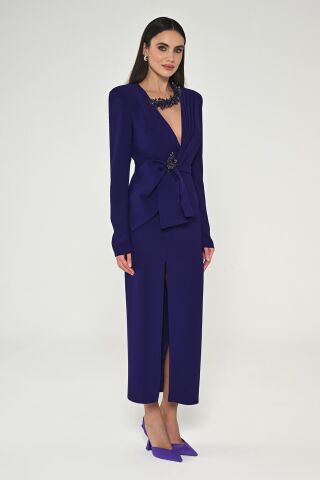 Uzun Kollu Vatkalı V Yaka Önden Yırtmaçlı Midi Elbise Mor - 42