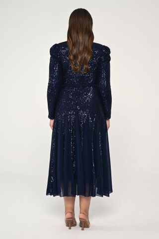 V Yaka Uzun Kollu Payet Midi Elbise Lacivert - 48