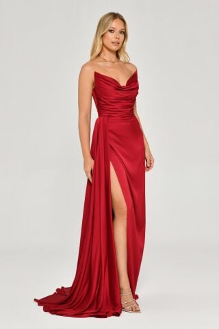 Kayık Yaka Yırtmaçlı Saten Elbise Bordo - 40