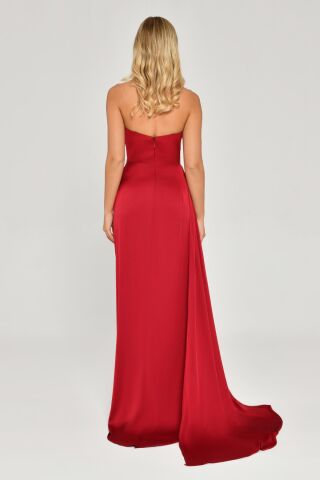 Kayık Yaka Yırtmaçlı Saten Elbise Bordo - 40