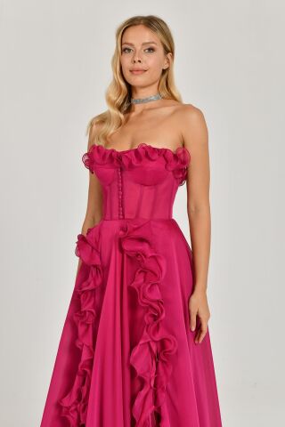 Straplez Fırfırlı Çift Yırtmaçlı Şifon Uzun Elbise Fuşya - 38