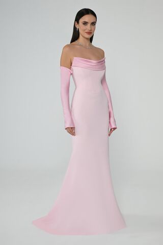 Straplez Kollu Balık Kesim Uzun Elbise Pembe - 42