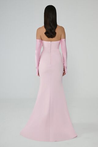 Straplez Kollu Balık Kesim Uzun Elbise Pembe - 42