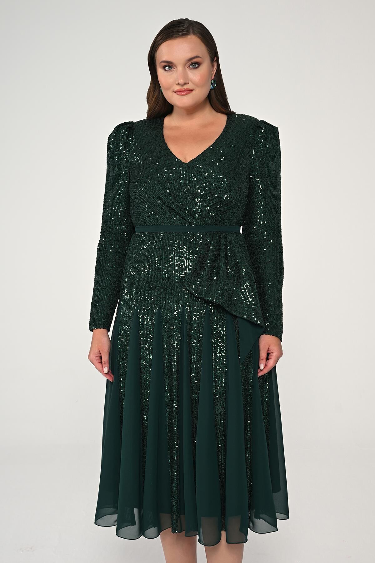 V Yaka Uzun Kollu Payet Midi Elbise ZÜMRÜT - 44