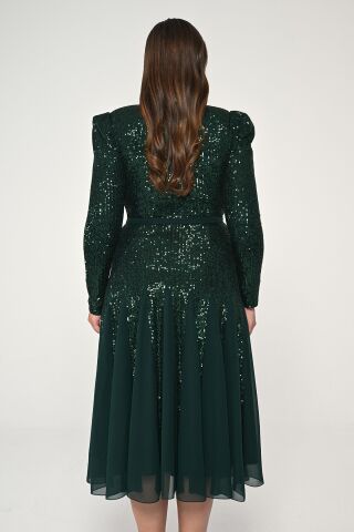 V Yaka Uzun Kollu Payet Midi Elbise ZÜMRÜT - 44