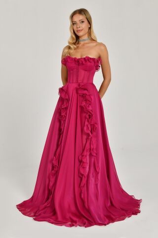 Straplez Fırfırlı Çift Yırtmaçlı Şifon Uzun Elbise Fuşya - 42