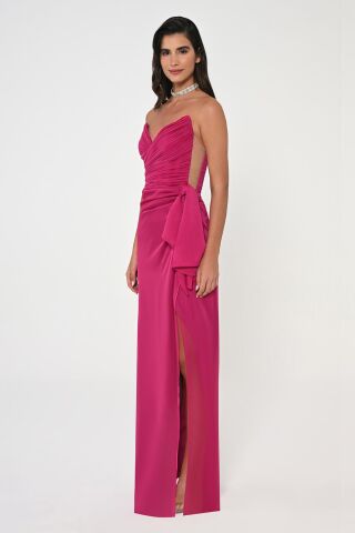 Straplez Üst Pliseli Yandan Yırtmaçlı Şifon Uzun Elbise Fuşya - 44