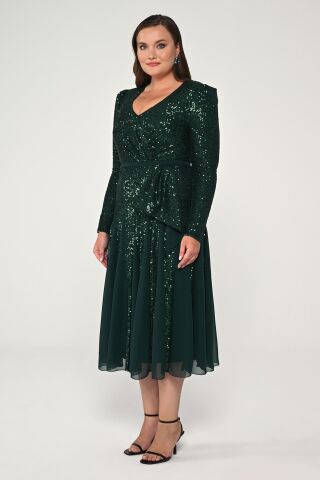 V Yaka Uzun Kollu Payet Midi Elbise ZÜMRÜT - 46