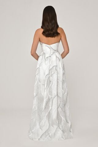 Kayık Yaka Payet Kumaş Uzun Elbise Beyaz - 40