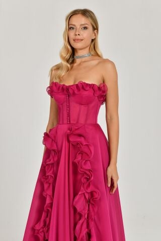 Straplez Fırfırlı Çift Yırtmaçlı Şifon Uzun Elbise Fuşya - 40