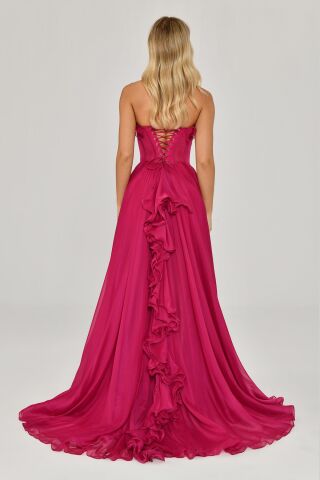 Straplez Fırfırlı Çift Yırtmaçlı Şifon Uzun Elbise Fuşya - 40
