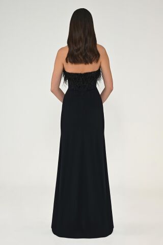 Straplez Üst Tüylü Asimetrik Kesim Krep Uzun Elbise Siyah - 44