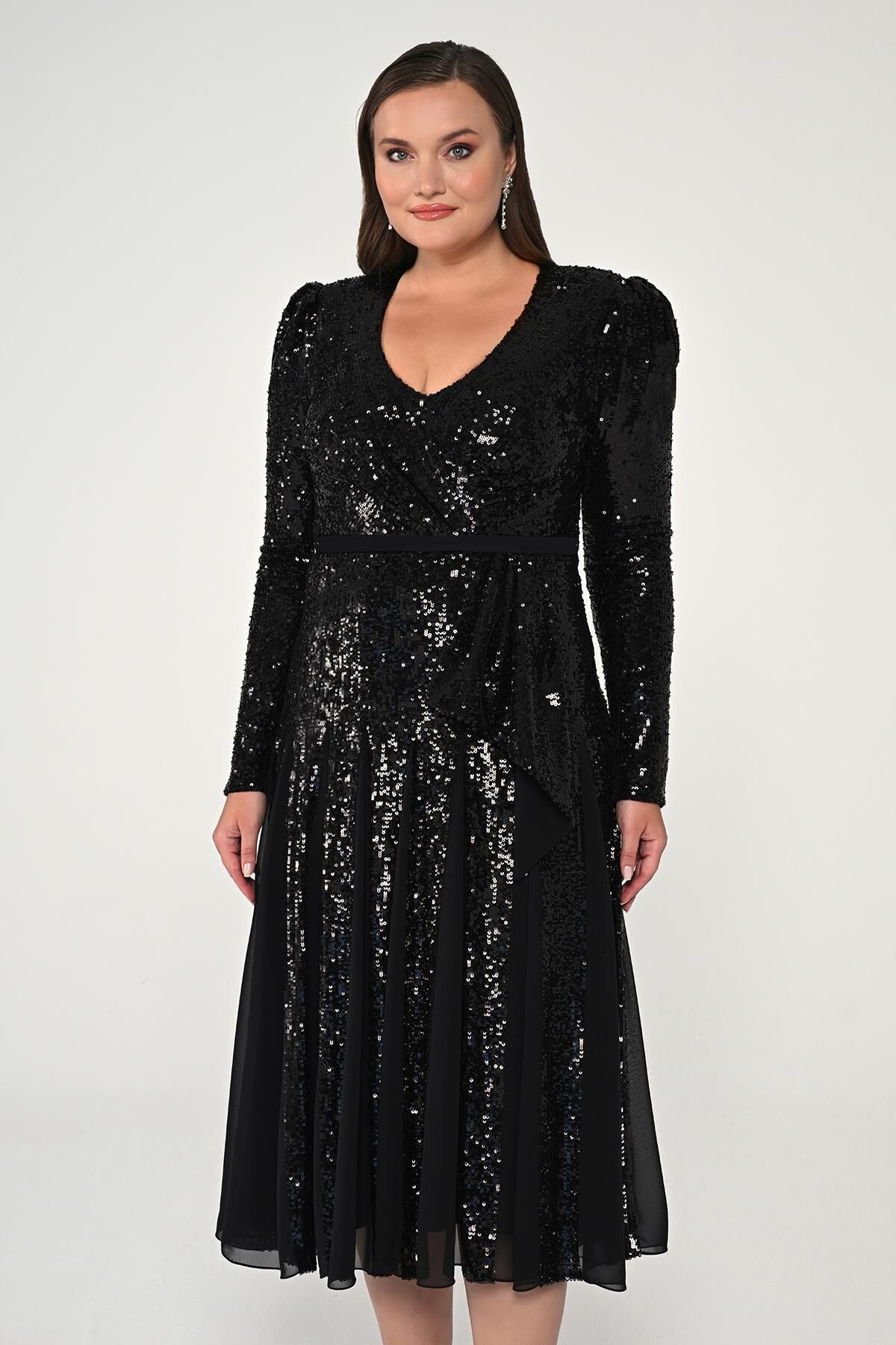 V Yaka Uzun Kollu Payet Midi Elbise SİYAH / ANTRASİT - 42