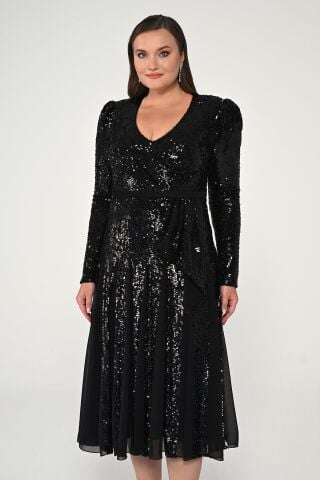 V Yaka Uzun Kollu Payet Midi Elbise SİYAH / ANTRASİT - 42