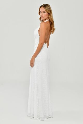 Halter Neck Low-Cut Back Fringe Accessoried Sequin Long Dress White - 38