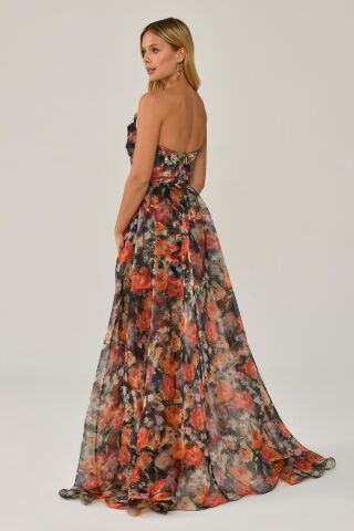 Kayık Yaka Desenli Tül Uzun Elbise ÇİÇEK1 - 44