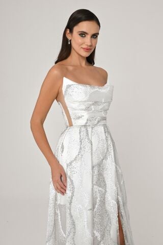 Kayık Yaka Payet Kumaş Uzun Elbise Beyaz - 42