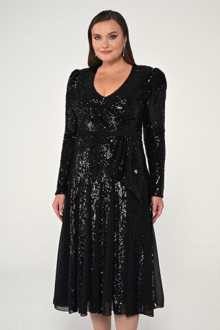 V Yaka Uzun Kollu Payet Midi Elbise SİYAH / ANTRASİT - 44