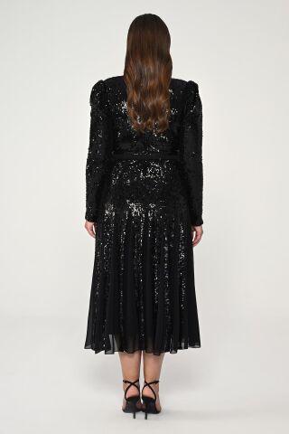 V Yaka Uzun Kollu Payet Midi Elbise SİYAH / ANTRASİT - 44