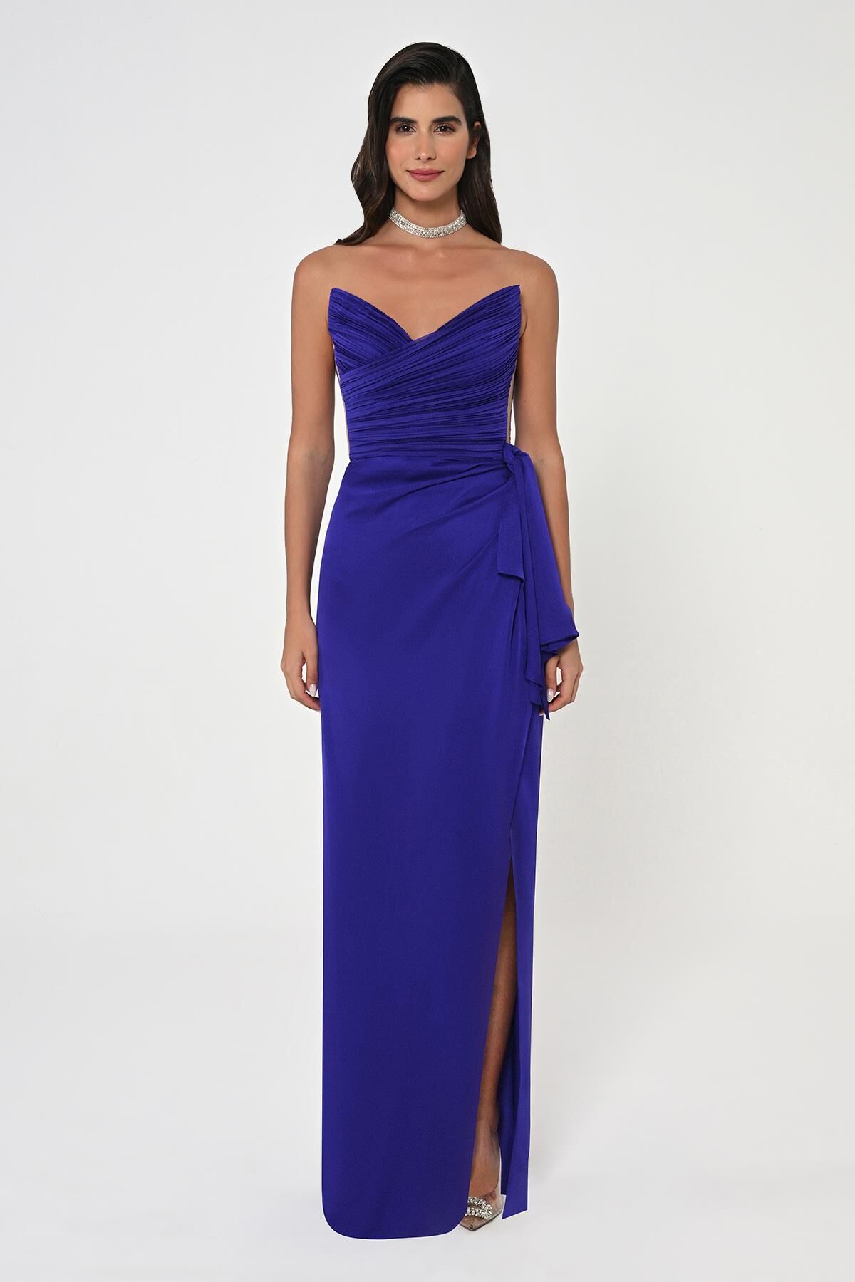 Straplez Üst Pliseli Yandan Yırtmaçlı Şifon Uzun Elbise Mor - 44