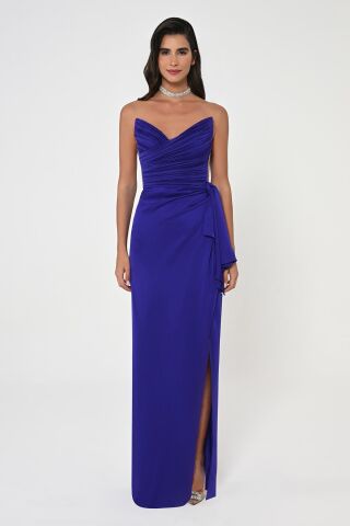 Straplez Üst Pliseli Yandan Yırtmaçlı Şifon Uzun Elbise Mor - 44