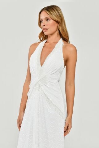 Boyundan Bağlamalı Sırt Dekolteli Saçak Aksesuarlı Payet Uzun Elbise Beyaz - 40