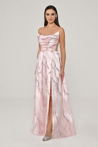 Kayık Yaka Payet Kumaş Uzun Elbise Pembe - 40