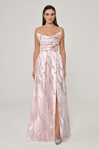 Kayık Yaka Payet Kumaş Uzun Elbise Pembe - 40