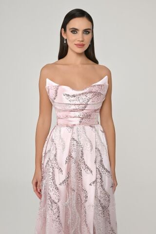 Kayık Yaka Payet Kumaş Uzun Elbise Pembe - 40