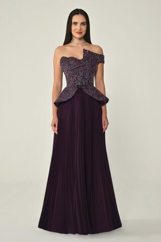 Tek Düşük Omuz Üstü Payet Eteği Pliseli Şifon Uzun Elbise Mürdüm - 42