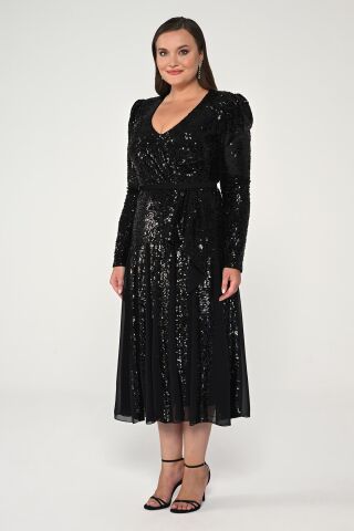 V Yaka Uzun Kollu Payet Midi Elbise SİYAH / ANTRASİT - 48