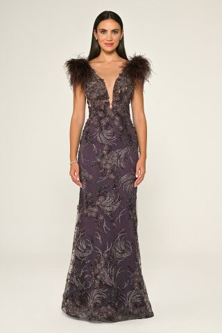 Derin V Yaka Omzu Otrişli Uzun Elbise Lila - 42