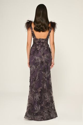 Derin V Yaka Omzu Otrişli Uzun Elbise Lila - 42