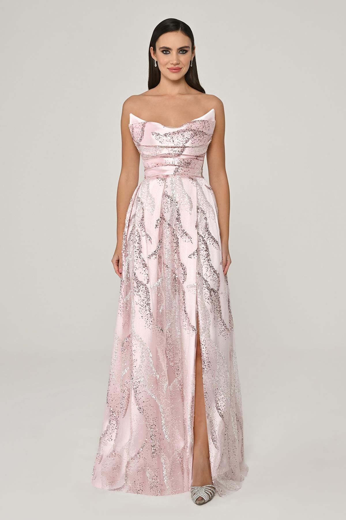 Kayık Yaka Payet Kumaş Uzun Elbise Pembe - 42