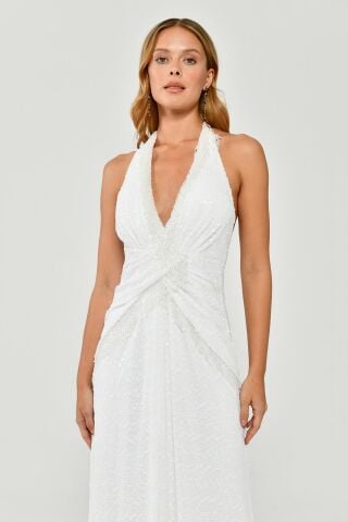 Boyundan Bağlamalı Sırt Dekolteli Saçak Aksesuarlı Payet Uzun Elbise Beyaz - 44