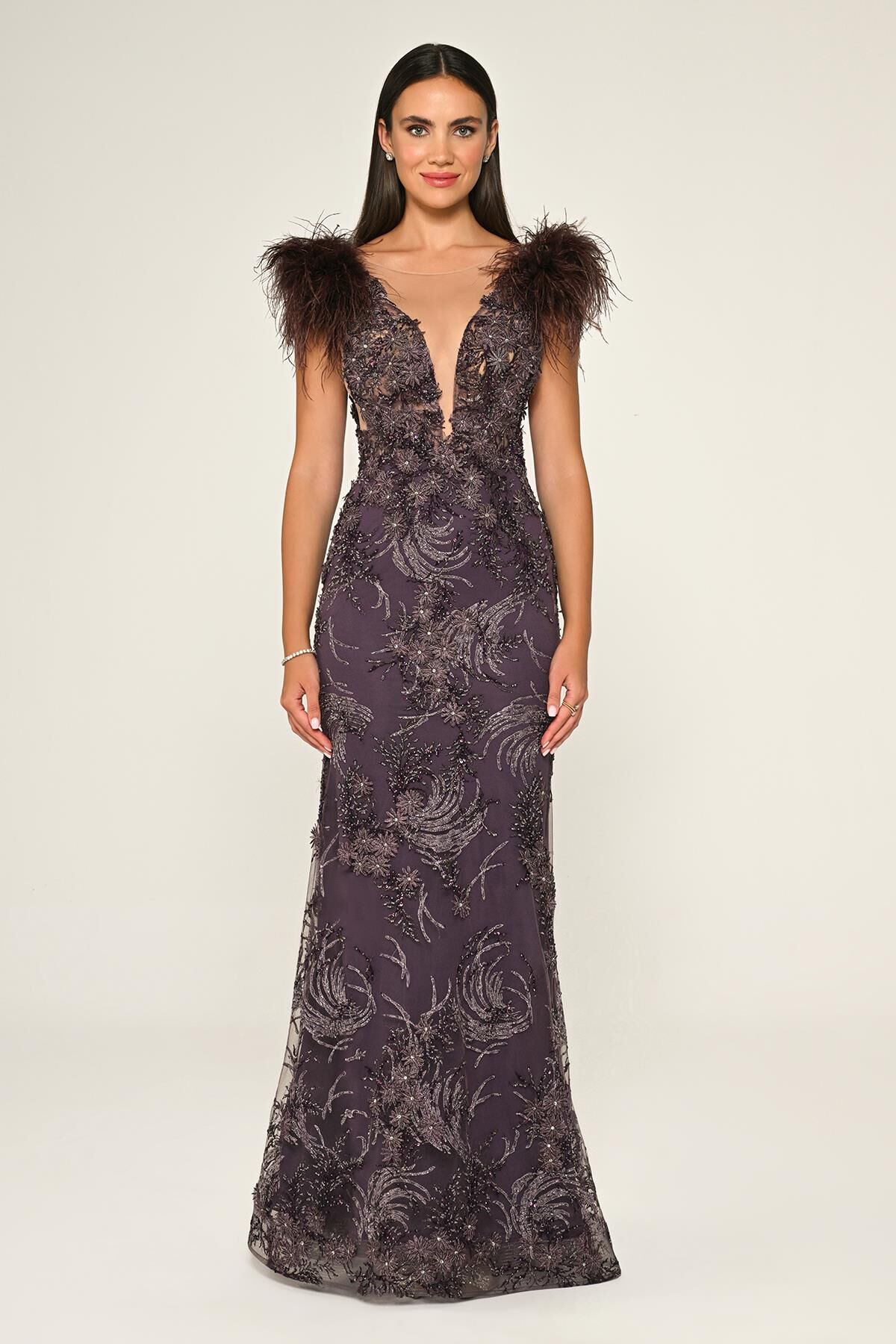 Derin V Yaka Omzu Otrişli Uzun Elbise Lila - 46