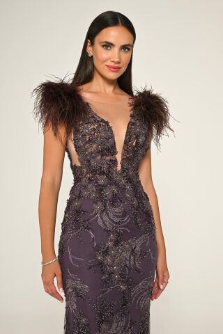 Derin V Yaka Omzu Otrişli Uzun Elbise Lila - 46