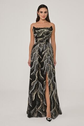 Kayık Yaka Payet Kumaş Uzun Elbise Siyah - 40